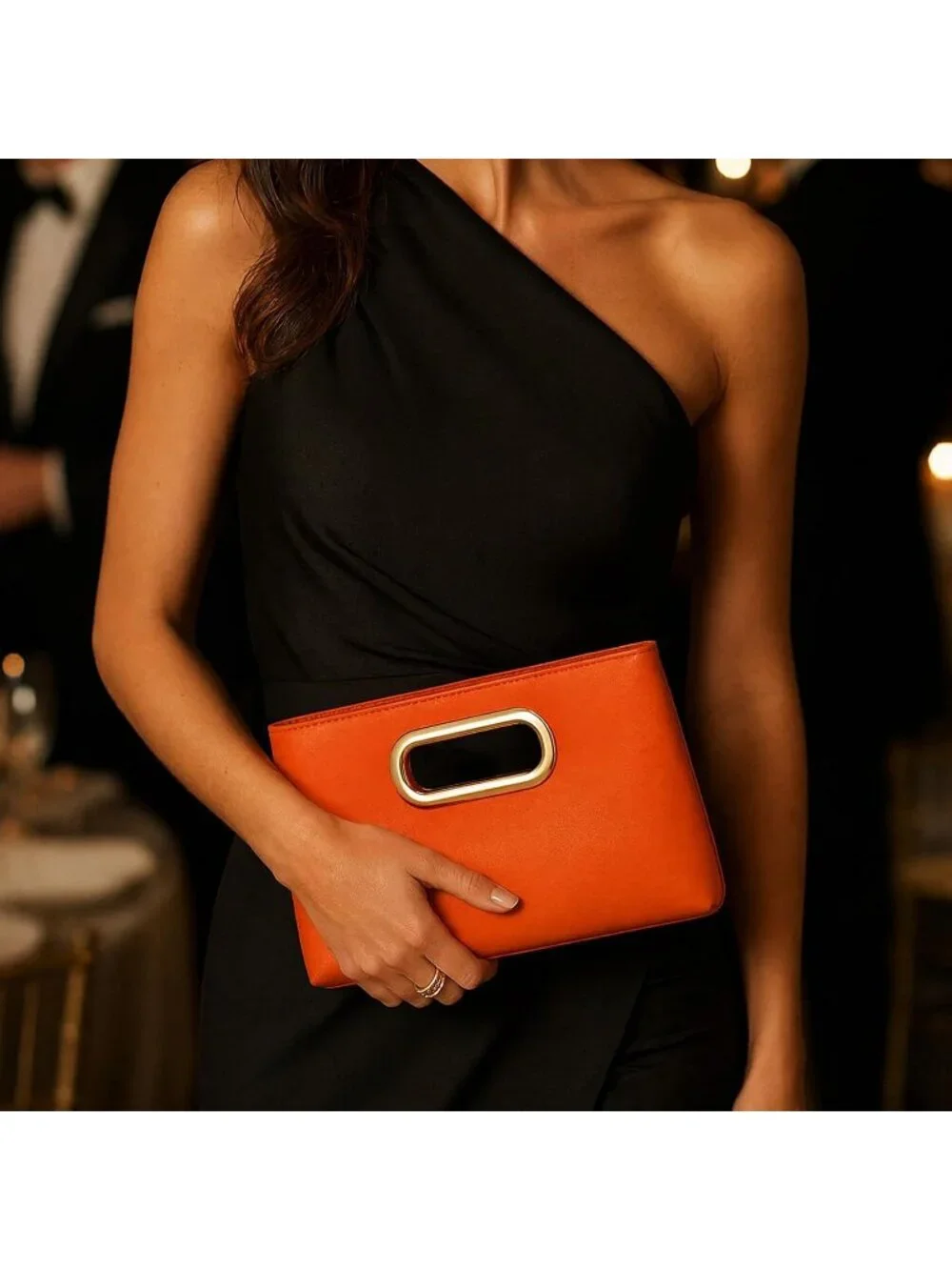 Women's Orange Clutch Handbag Modern Faux Leather with Metal Handle Evening Bag